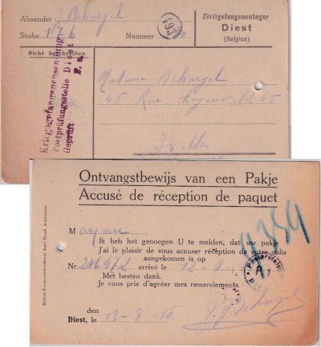 Dt. Bes. Belgien - Diest Zivilgefangenenlager Paketbestätigung n. Ixelles 1916