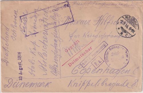 DR - Neisse 1916 Kriegsgefangenenbrief n. DÄNEMARK Dolmetscherzensur !