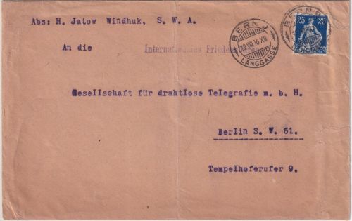 Schweiz - 25 Rp. sitz. Helvetia "Vermittlungspost" Windhuk - Bern - Berlin 1916