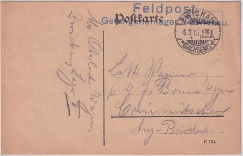 DR - Zwickau 1915 Feldpostkarte/Kriegsgefangenenlager n. Crimmitschau
