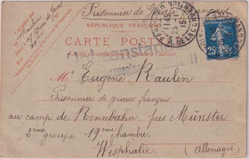 Frankreich - Paris 1915 Kriegsgefangenenkarte in Lager Münster - Lagerzensur