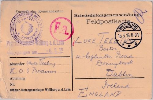 DR - Weilburg 1916 Kriegsgefangenenkarte n. IRLAND (Dublin) Lagerzensur