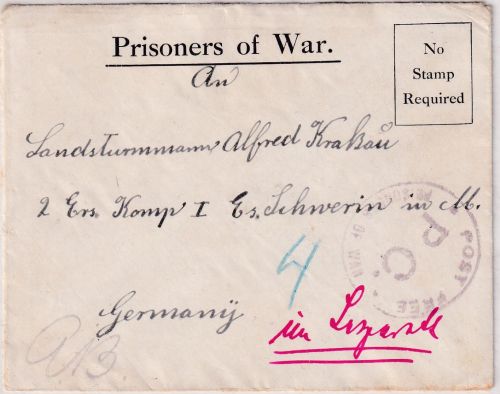 England - Kockaloe Isle of Wight Kriegsgefangenenbrief n. Schwerin ca. 1915