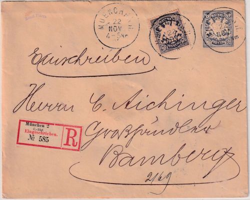 Bayern - 20 Pfg Wappen Privatganzsache+Zusatz Einschreibebrief München 1897