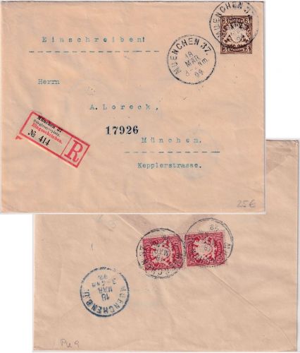 Bayern - 3 Pfg Wappen Privatganzsache+Zusatz Ortseinschreibebrief München 1899