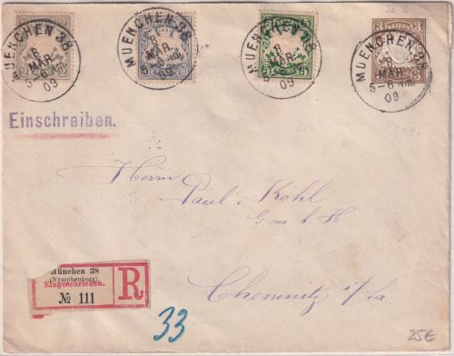 Bayern - 3 Pfg Wappen Privatganzsache+Zusatz Einschreibebrief München 1909