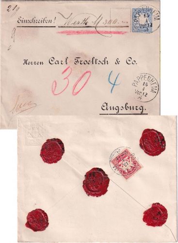 Bayern - 20 Pfg Wappen Privatganzsache+Zusatz Wertbrief Pappenheim 1894