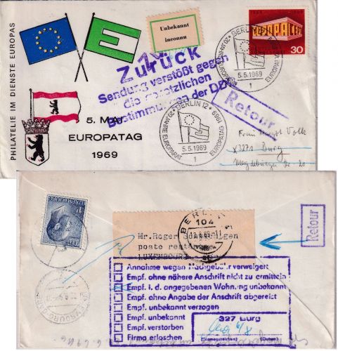 BRD/Postkrieg - 30 Pfg. Europa SST Berlin Europatag Schmuckkuvert n. Burg retour
