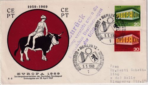 BRD/Postkrieg - 20+30 Pfg. Europa SST Berlin Europarat Schmuckkuvert 1969