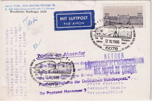 BRD/Postkrieg - 80 Pfg. Reichstag ex Block Lupo-Karte n. POLEN SST Neu-Isenburg