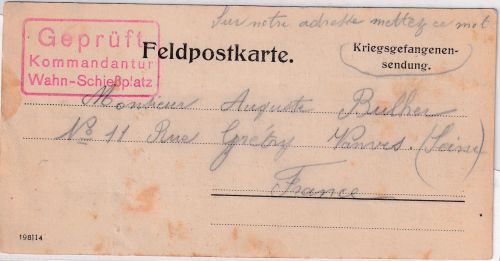 DR - Köln-Wahn Kriegsgefangenenkarte n. FRANKREICH dt./franz. Vordruck 1914
