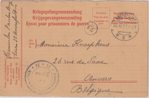 Niederlande - Amersfoort 1917 Kriegsgefangenenkarte ins bes. BELGIEN (Antwerpen)