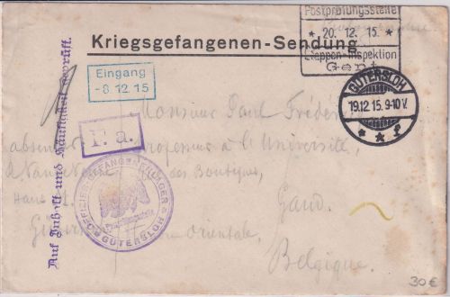 DR - Gütersloh 1915 Kriegsgefangenenbrief in die Etappe West - Lagerzensur