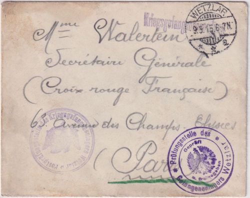 DR - Wetzlar 1915 Kriegsgefangenenbrief n. FRANKREICH (Paris) Doppelzensur