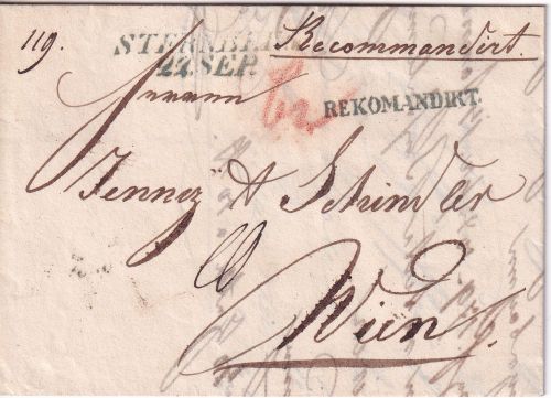 Österreich - Sternberg 22. SEP L2 + "Rekommandirt" Portobrief n. Wien 1841