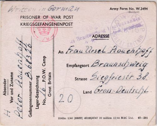 England - POW-Camp 16 Kriegsgefangenenkarte 14.4.45 n. Braunschweig