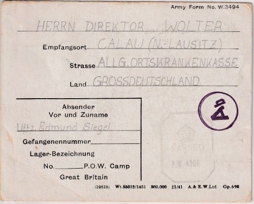England - POW-Camp Kriegsgefangenenkarte 15.8.43 n. Calau