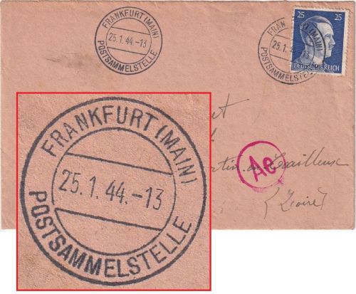 DR - Frankfurt a/M Postsammelstelle Zwangsarbeiterbrief n. FRANKREICH 1944