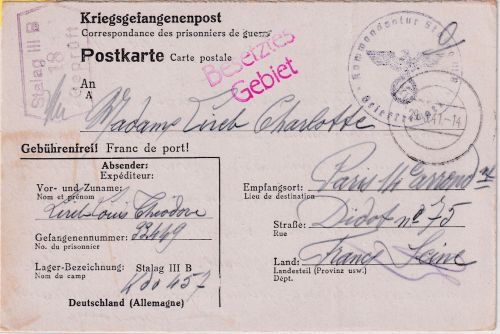 DR - STALAG IIIB (Fürstenberg) Kriegsgefangenenkarte n. FRANKREICH 1941