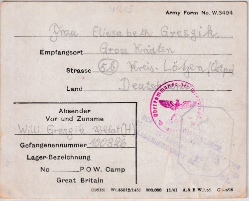 England - POW Durchgangslager Kriegsgefangenenkarte n. Gross-Krösten 1944
