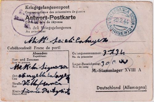 Italien - Agrigent 29.2.44 Kriegsgefangenenkarte ins M-Stalag XVIIIA (Wolfsberg)