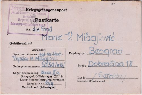 DR - Stalag XIIIB (Hammelburg) 1944 Kriegsgefangenenkarte n. SERBIEN (Belgrad)