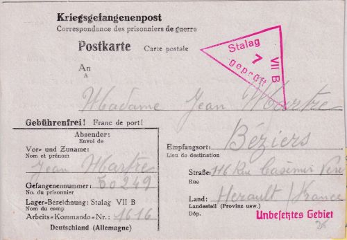 DR - Stalag VIIB (Memmingen) Kriegsgefangenenkarte n. BELGIEN (Beziers) 1940