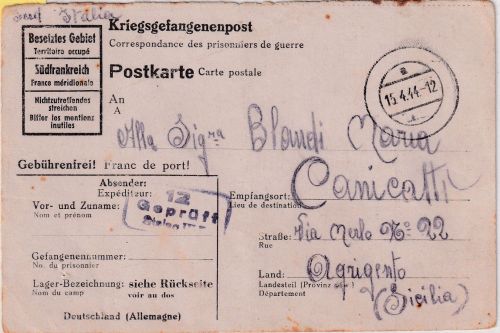 DR - Mannschaftslager IVF (Hartmannsdorf) Kriegsgefangenenkarte n. ITALIEN 1944