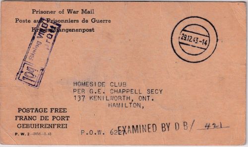 DR - Stalag VIIIB (Lamsdorf) Kgf.-Vordruckkarte (Paketbestätigung) n KANADA 1943