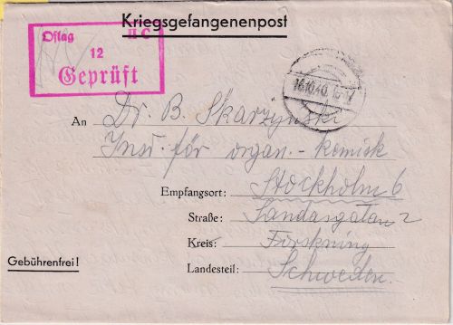 DR - Oflag IIC (Woldenberg) Kriegsgefangenenbrief n. SCHWEDEN 1940