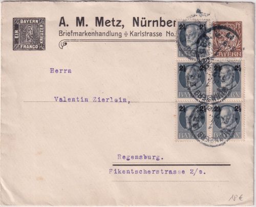 Bayern - 3 Pfg. Hupp Privatganzsache+Zusatz Brief Nürnberg - Regensburg 1917
