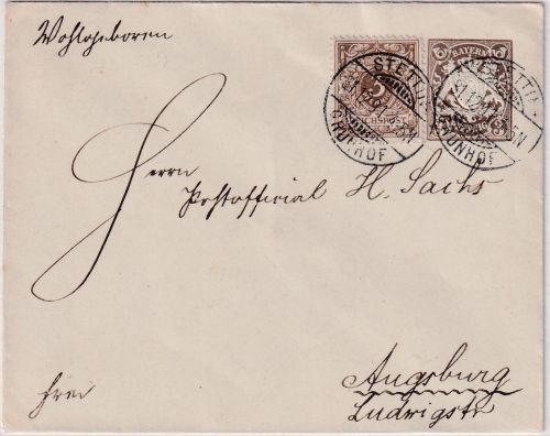 Bayern - 3 Pfg. Wappen Privatganzsache+Zusatz Brief Stettin - Augsburg 1891