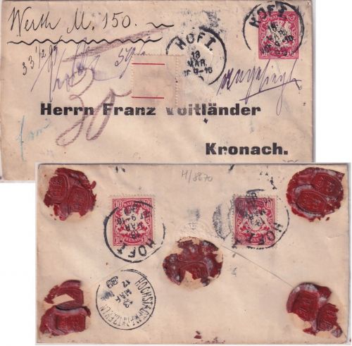 Bayern - 10 Pfg. Wappen Privatganzsache+Zusatz Wertbrief Hof - Kronach 1889
