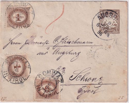 Bayern - 3 Pfg. Wappen Privatganzsache+Zusatz Brief n. ÖSTERREICH 1896 Nachporto