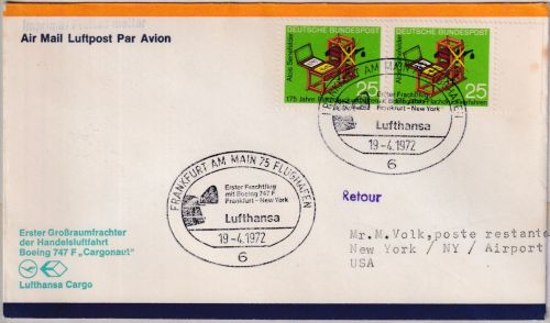 BRD - 2x25 Pfg Flachdruckverfahren LH-Erstflug Frankfurt - New York 1972