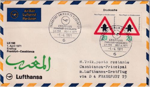 BRD - 2x20 Pfg Straßenverkehrsregeln LH-Erstflug Frankfurt - Casablanca 1971