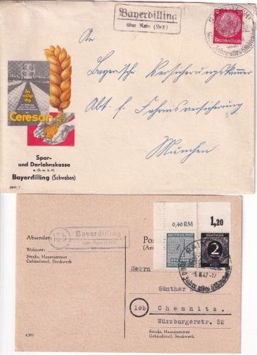 Rain a. Lech - Landpoststellen Sammlung (34 versch. Belege) aus 1936/1947