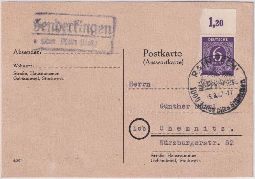 All.Bes. - 6 Pfg. Ziffer Platte/Oberrand Karte Landpost-Ra2 Genderkingen 1947