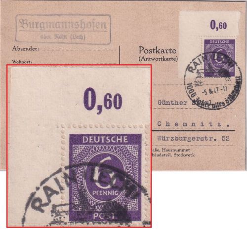 All.Bes. - 6 Pfg. Ziffer Platte/Bogenecke Karte Landpost-Ra2 Burgmannshofen 1947