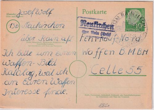 BRD - Neukirchen ü. Rain (Lech) Landpost-Ra2 Ganzsache n. Celle 1957