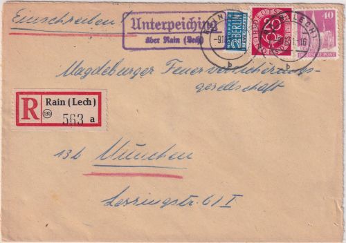 BRD - Unterpeiching ü. Rain (Lech) Landpost-Ra2 Einschreibebrief n. München 1951