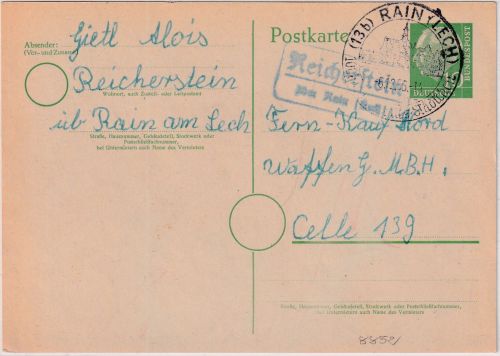 BRD - Reicherstein ü. Rain (Lech) Landpost-Ra2 Ganzsache n. Celle 1956