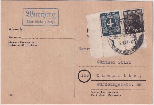 All.Bes. - Marching ü. Rain (Lech) Landpost-Ra2 "Stirl-Karte" n. Chemnitz 1947