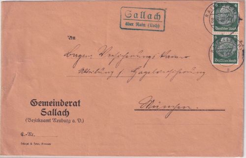 DR - Sallach ü. Rain (Lech) Landpost-Ra2 Brief n. München 1937