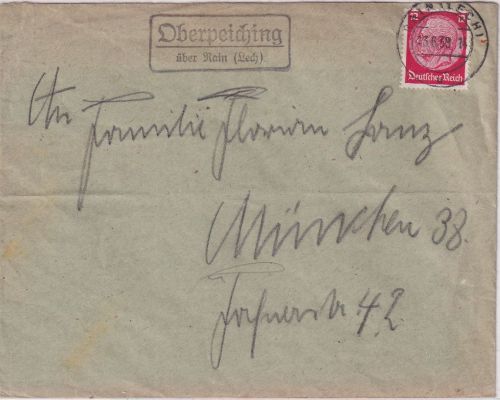 DR - Oberpeiching ü. Rain (Lech) Landpost-Ra2 Brief n. München 1938
