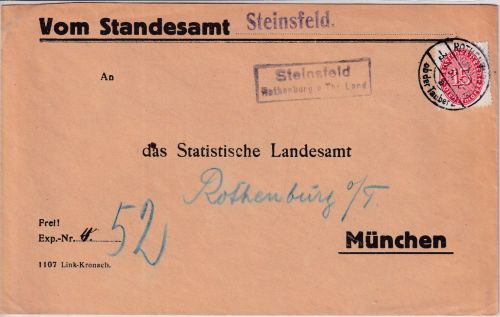 DR - Steindfeld ü. Rothenburg o.T. Landpost-Ra2 Dienstbrief n. München 1931