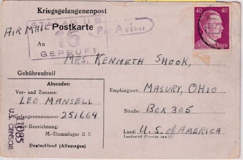 DR - 40 Pfg. AH Luftpost-Kriegsgefangenenkarte M-Stalag IIB n. USA 1944