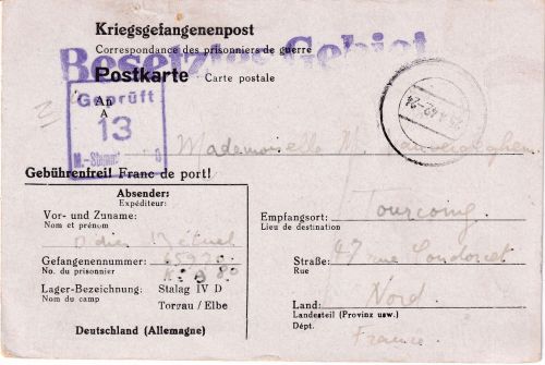 DR - Stalag IVD Torgau/Elbe Kriegsgefangenenkarte n. FRANKREICH 1942