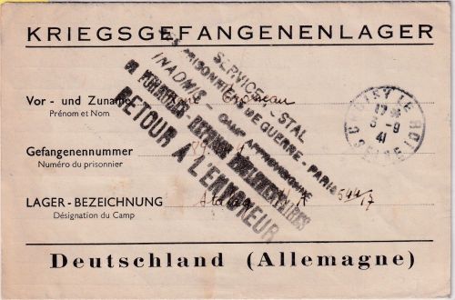 Frankreich - Choisy le Roi 1941 Kriegsgefangenenbrief ins Stalag XIA - Retour-L5