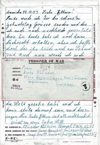USA - POW Camp Campbell Tennessee Kriegsgefangenenbrief n Klein-Bremerhagen 1943